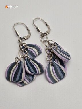 Handmade Polymer Clay Striped Dangle Earrings Purple Black White Abstract 2"